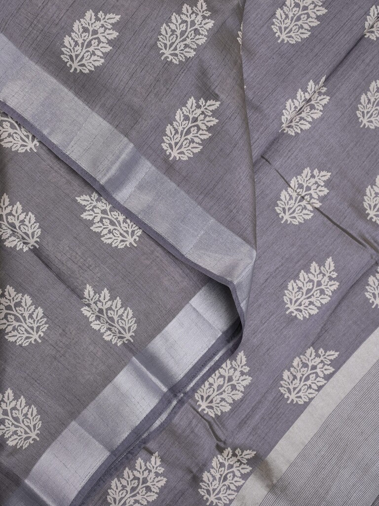 Dupion fancy saree grey color allover motifs & small kaddi border with short pallu and attached plain blouse