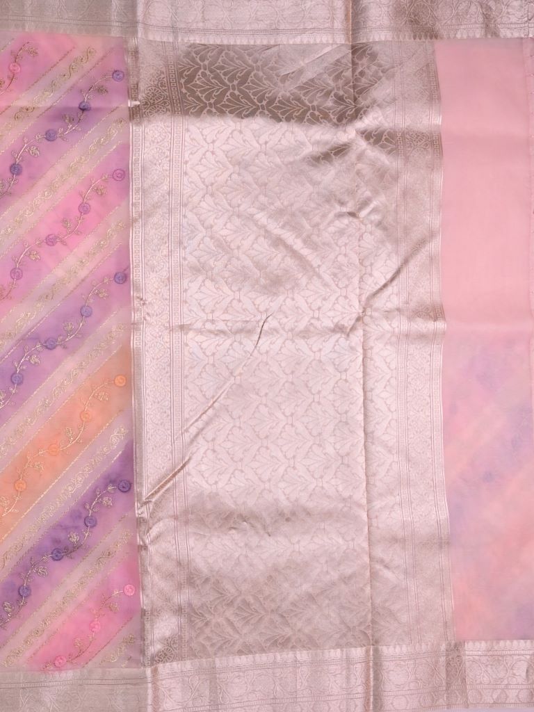 Organza fancy saree light pink color allover embroidery & zari border with short zari pallu and attached plain blouse