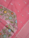 Kota fancy saree pink color allover zari motifs & zari border with short pallu and attached plain blouse