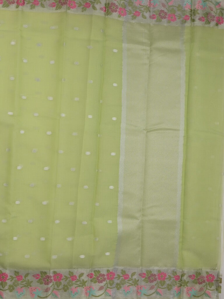 Kota fancy saree light green color allover zari motifs & zari border with short pallu and attached plain blouse