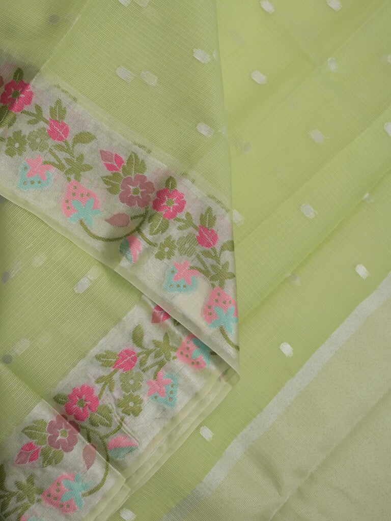 Kota fancy saree light green color allover zari motifs & zari border with short pallu and attached plain blouse