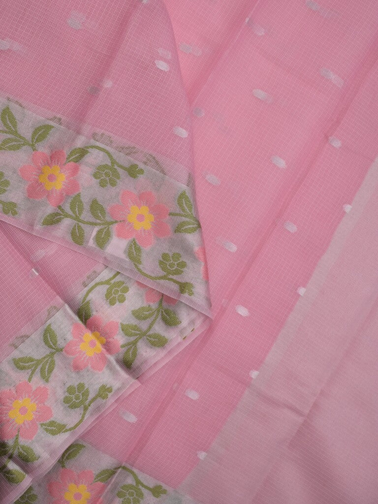 Kota fancy saree onion pink color allover zari motifs & zari border with short pallu and attached plain blouse