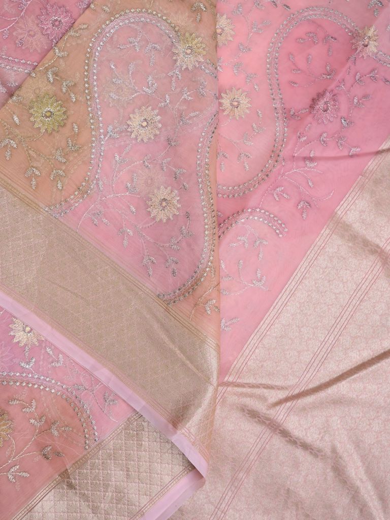 Organza fancy saree baby pink color allover embroidery & zari border with short zari pallu and attached plain blouse