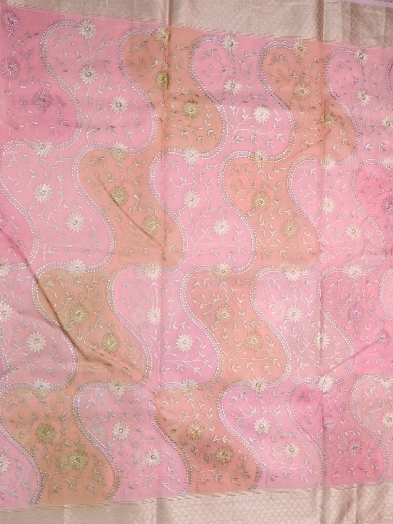 Organza fancy saree baby pink color allover embroidery & zari border with short zari pallu and attached plain blouse