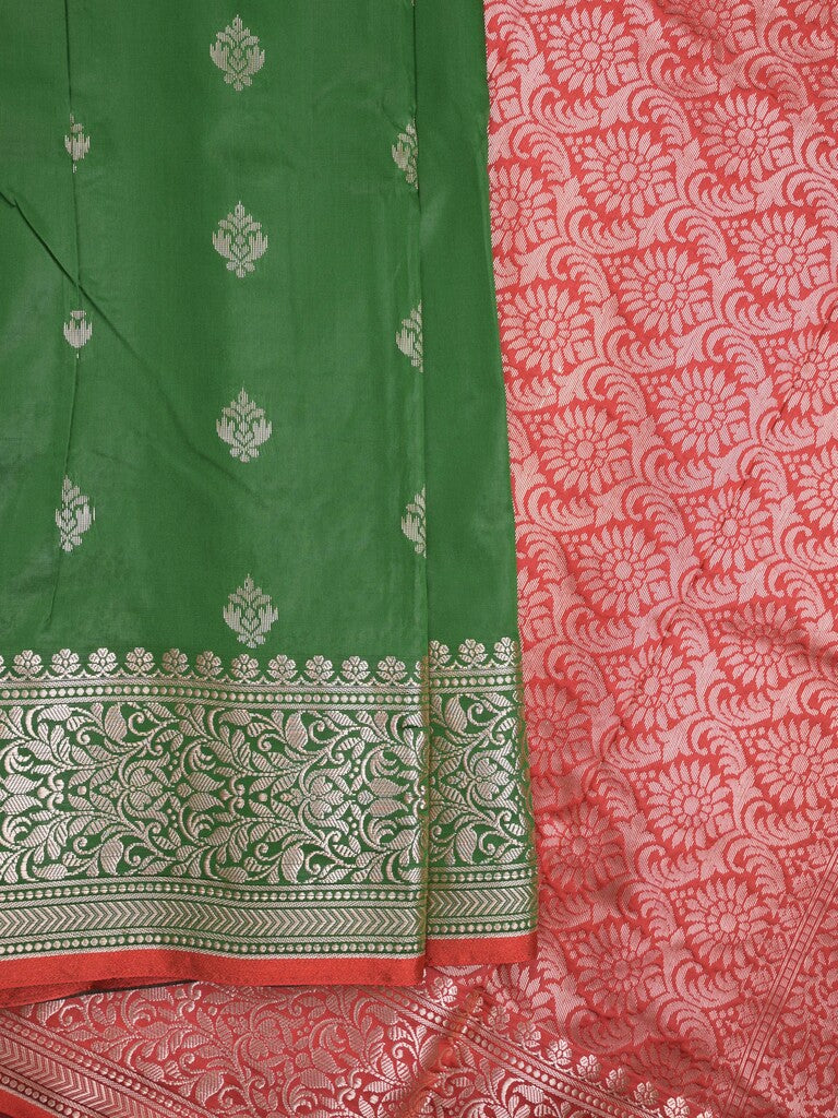 Banaras fancy saree bottle green color allover zari motifs & zari border with rich pallu and contrast plain blouse