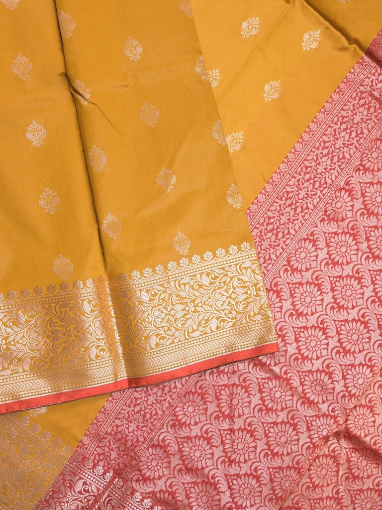 Banaras fancy saree golden yellow color allover zari motifs & zari border with rich pallu and contrast plain blouse