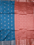 Banaras fancy saree sky blue color allover zari motifs & zari border with rich pallu and contrast plain blouse