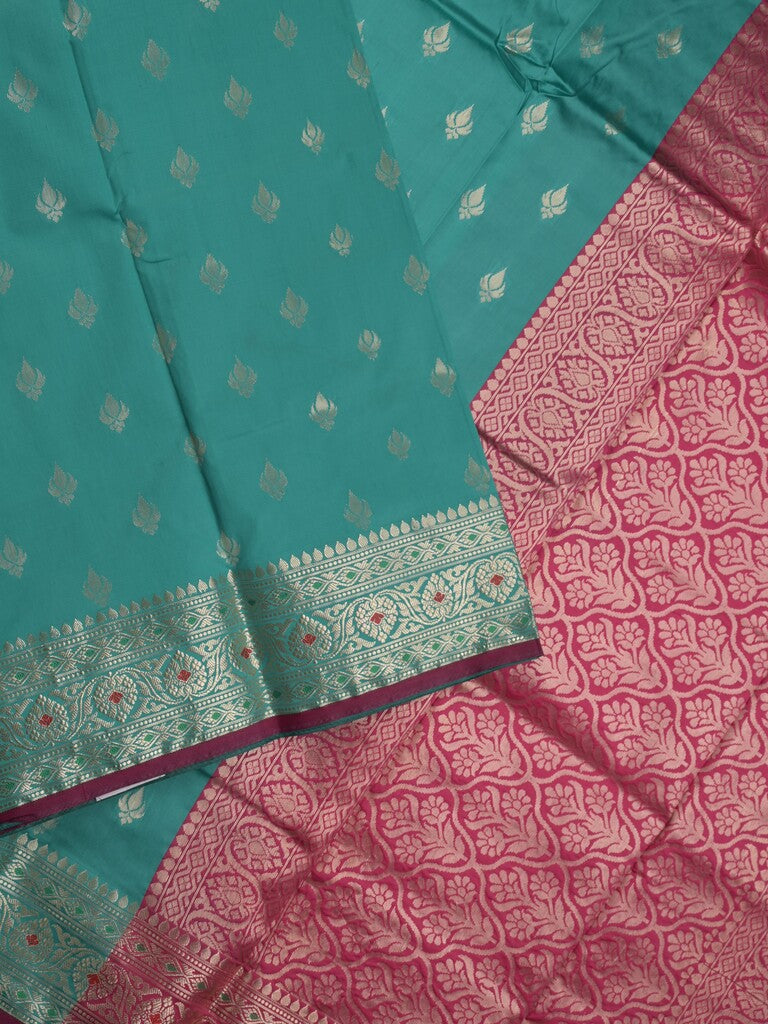 Banaras fancy saree rama blue color allover zari motifs & zari border with rich pallu and contrast plain blouse