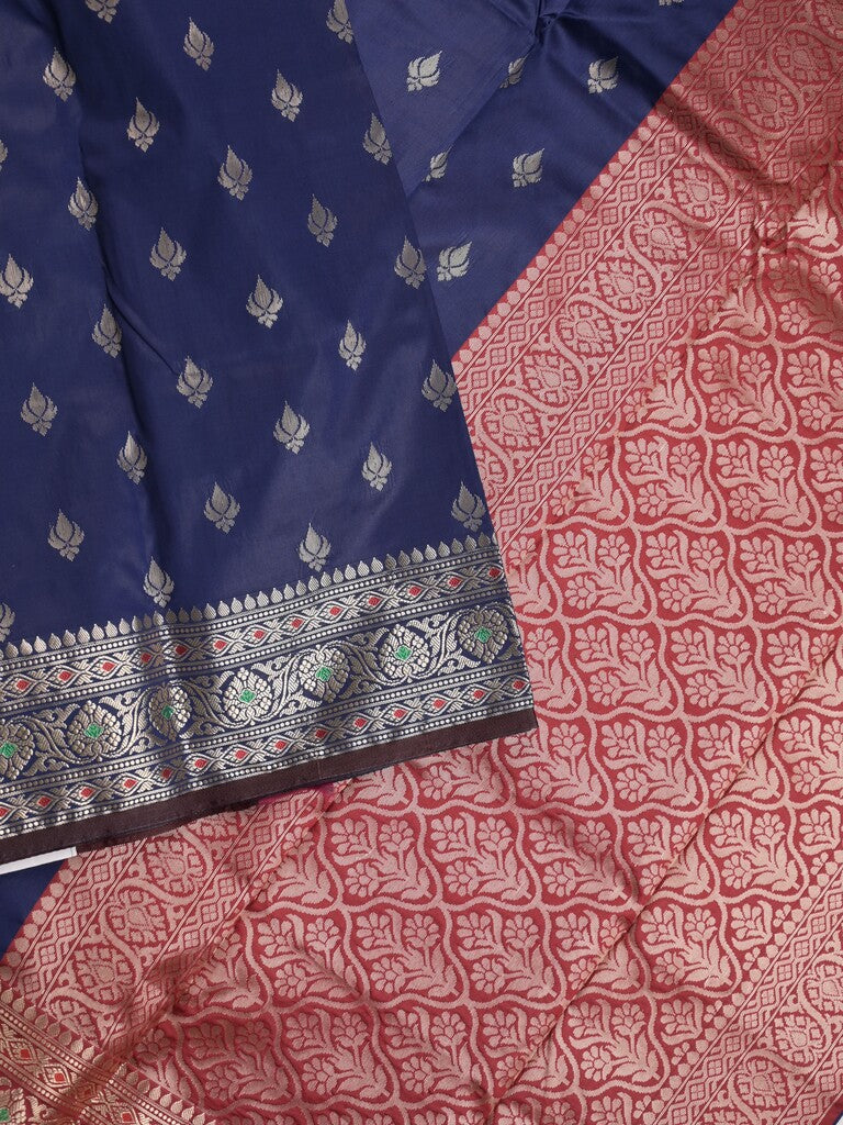 Banaras fancy saree navy blue color allover zari motifs & zari border with rich pallu and contrast plain blouse