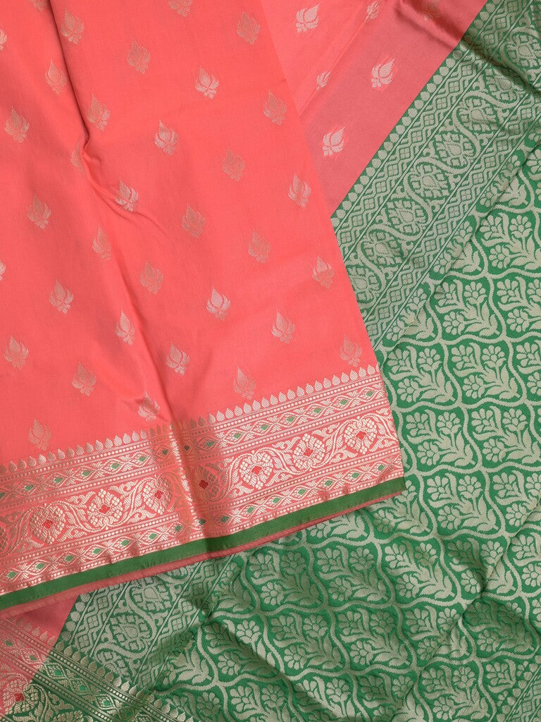 Banaras fancy saree peach color allover zari motifs & zari border with rich pallu and contrast plain blouse