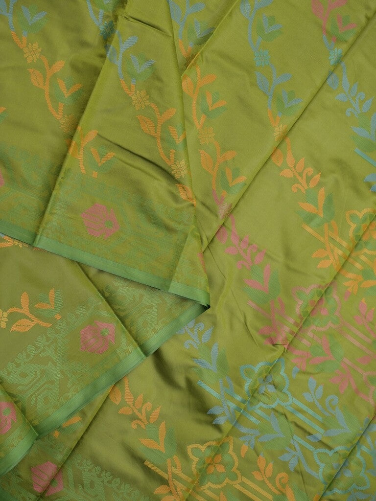 Fancy pattu saree olive green color allover weaves & small border with self pallu and attached blouse