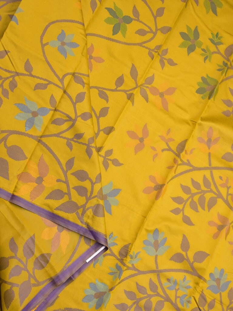 Fancy pattu saree golden yellow color allover weaves & small border with self pallu and attached blouse