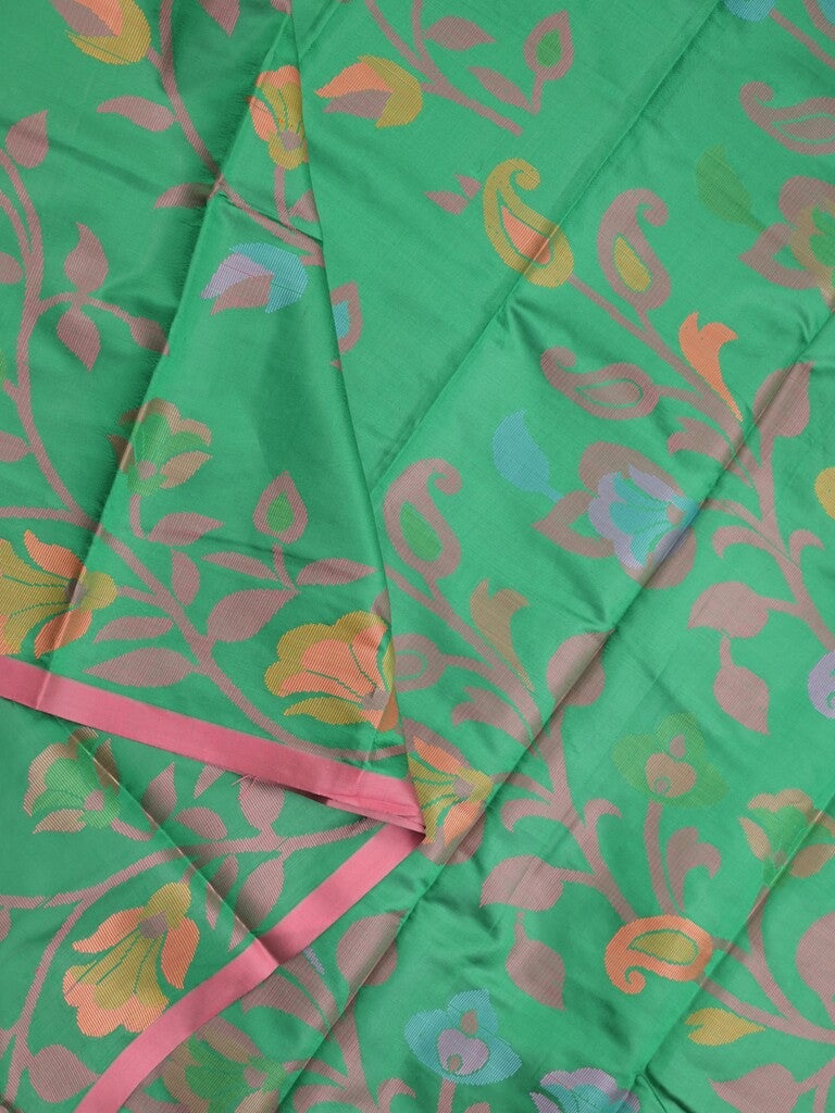 Fancy pattu saree leaf green color allover weaves & small border with self pallu and attached blouse