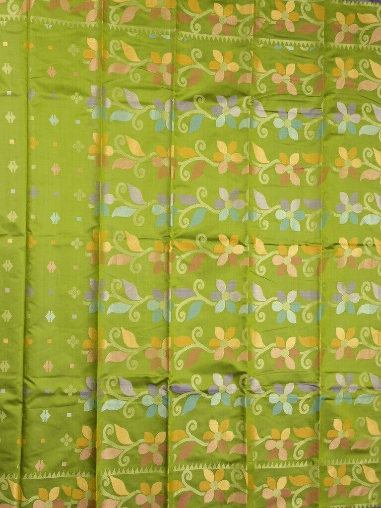 Fancy pattu saree parrot green color allover weaves & small border with self pallu and attached blouse