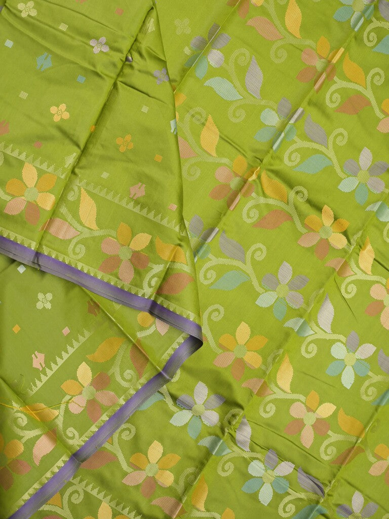 Fancy pattu saree parrot green color allover weaves & small border with self pallu and attached blouse