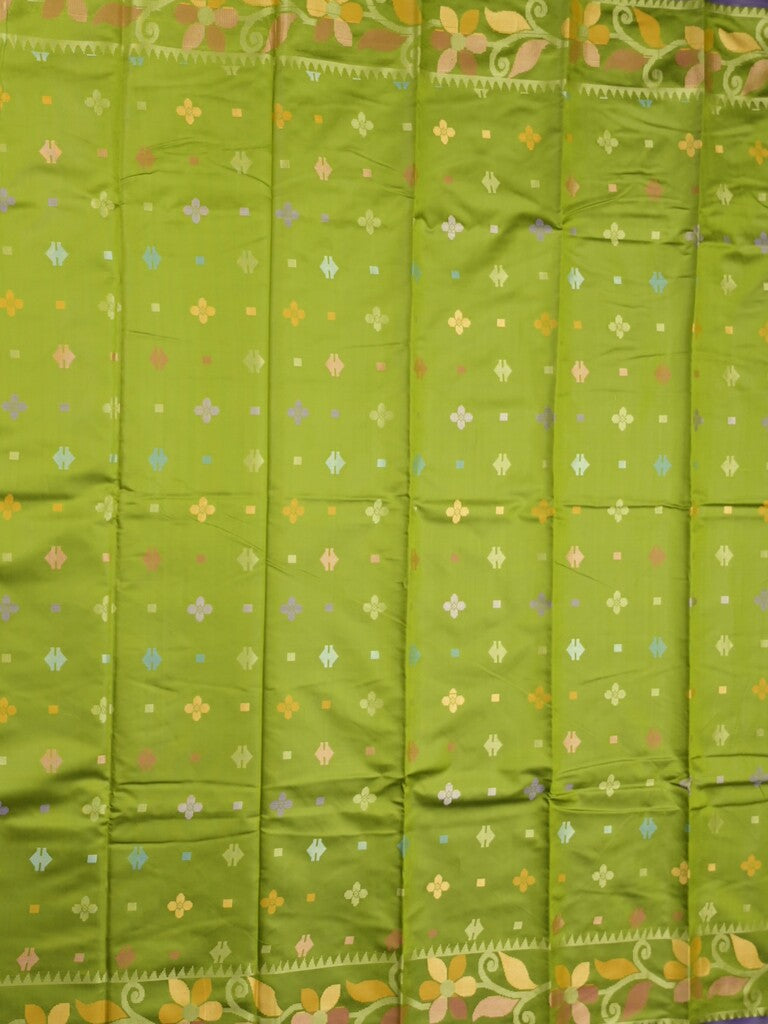 Fancy pattu saree parrot green color allover weaves & small border with self pallu and attached blouse