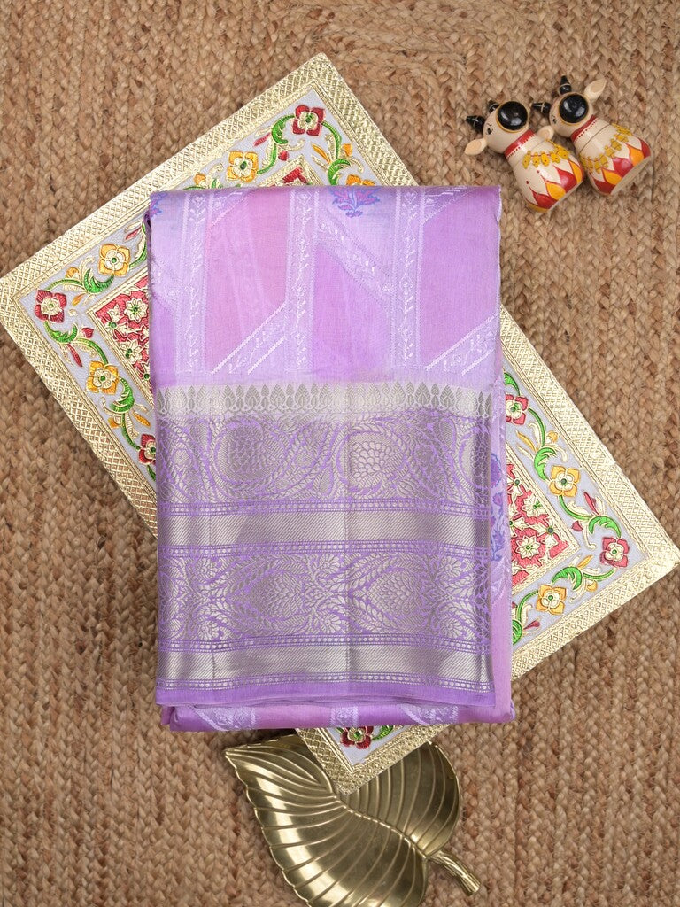 Chiniya pattu saree light purple color allover zari weaves & kanchi border with contrast pallu and attached plain blouse