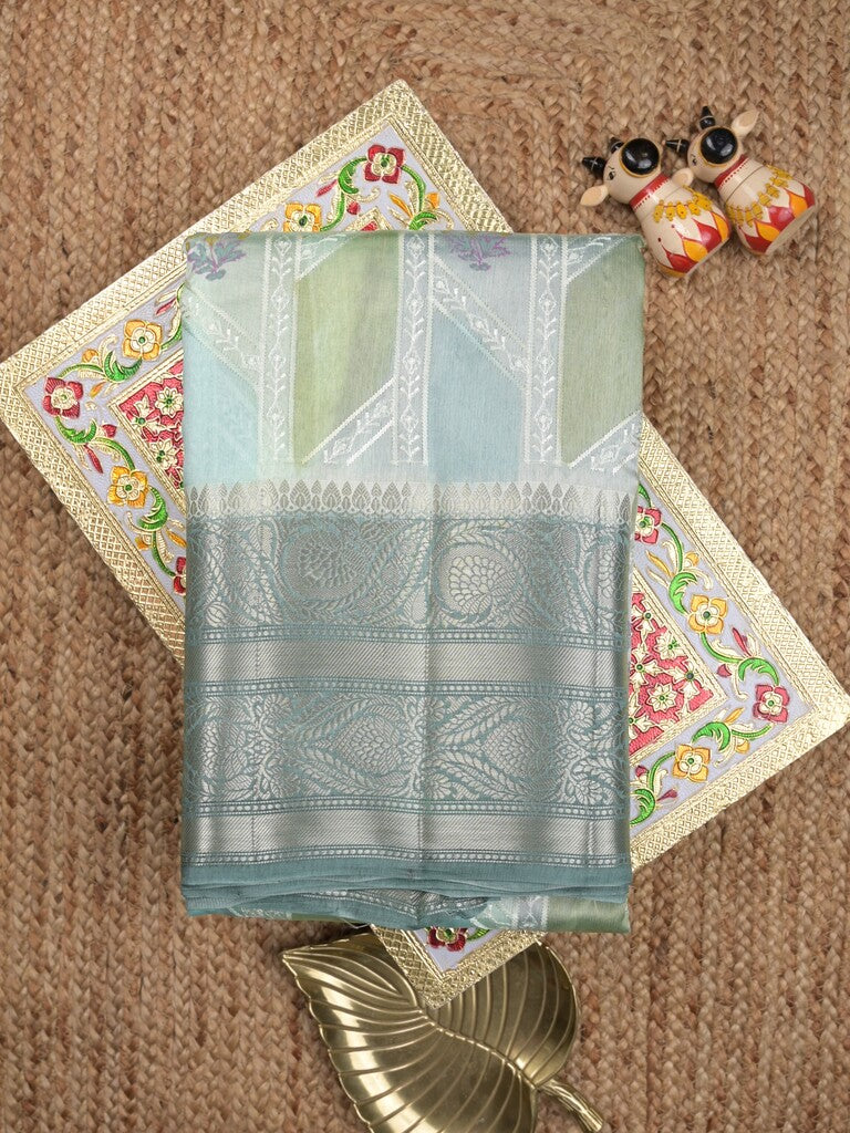 Chiniya pattu saree pastel blue color allover zari weaves & kanchi border with contrast pallu and attached plain blouse