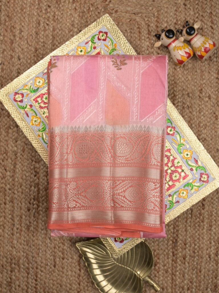 Chiniya pattu saree baby pink color allover zari weaves & kanchi border with contrast pallu and attached plain blouse