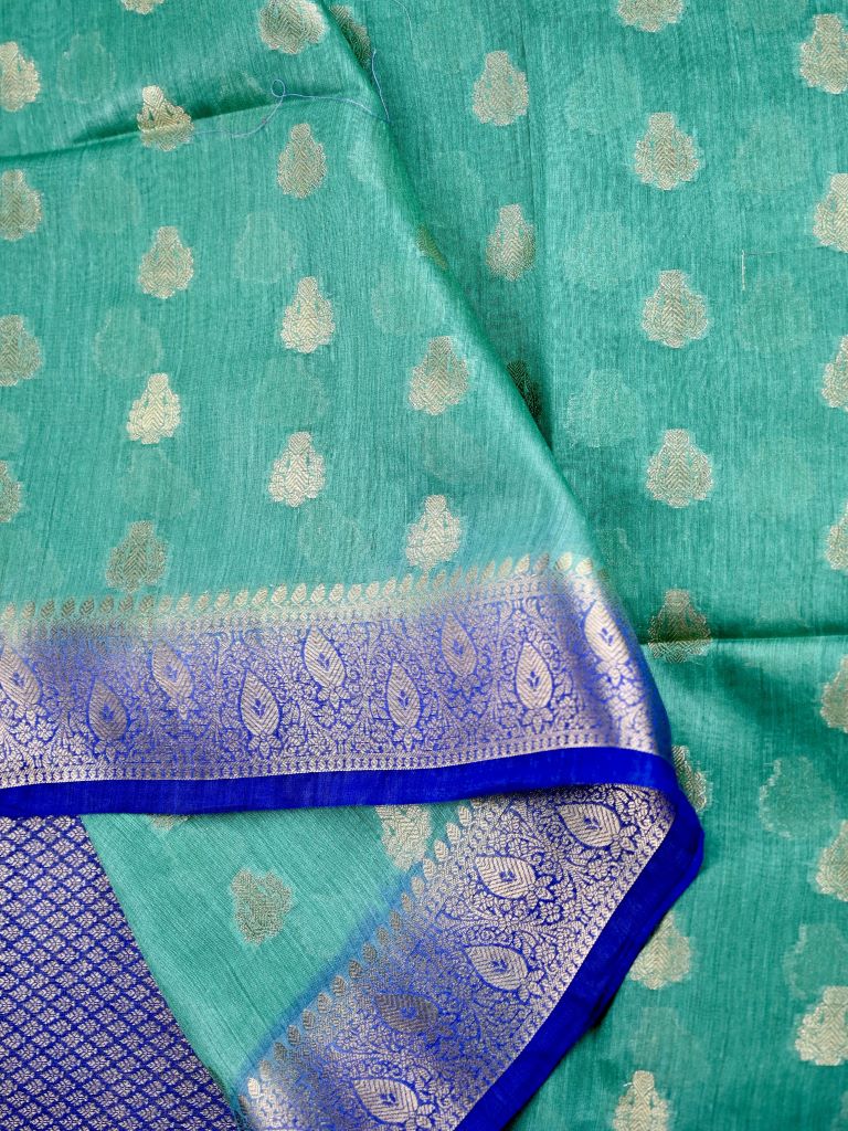Pure tussar fancy saree lux green color allover zari motifs & zari border with rich pallu and brocade blouse