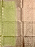 Pure tussar fancy saree light green color allover zari motifs & zari border with rich pallu and brocade blouse
