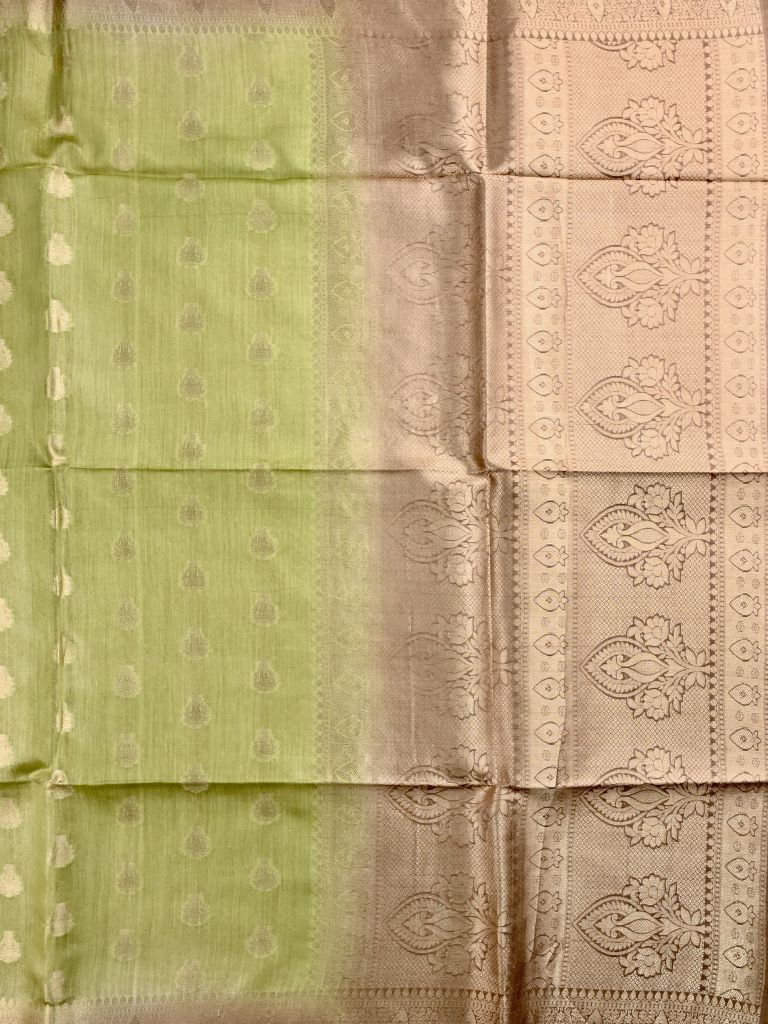 Pure tussar fancy saree light green color allover zari motifs & zari border with rich pallu and brocade blouse
