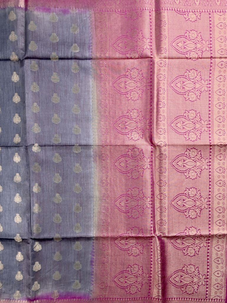 Pure tussar fancy saree grey color allover zari motifs & zari border with rich pallu and brocade blouse