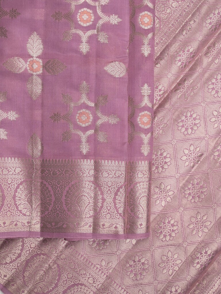 Raw mango pattu saree purple color allover zari weaves & zari border with rich pallu and attached plain blouse