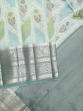 Chiniya pattu saree pastel blue color allover zari weaves & kanchi border with contrast pallu and attached plain blouse