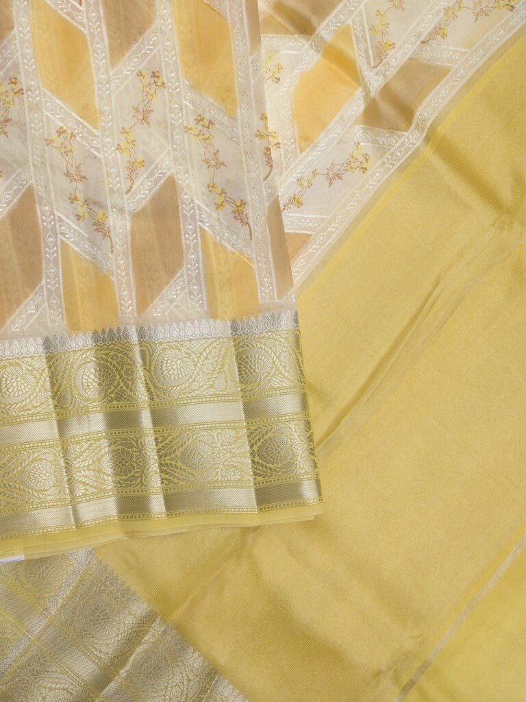 Chiniya pattu saree cream color allover zari weaves & kanchi border with contrast pallu and attached plain blouse