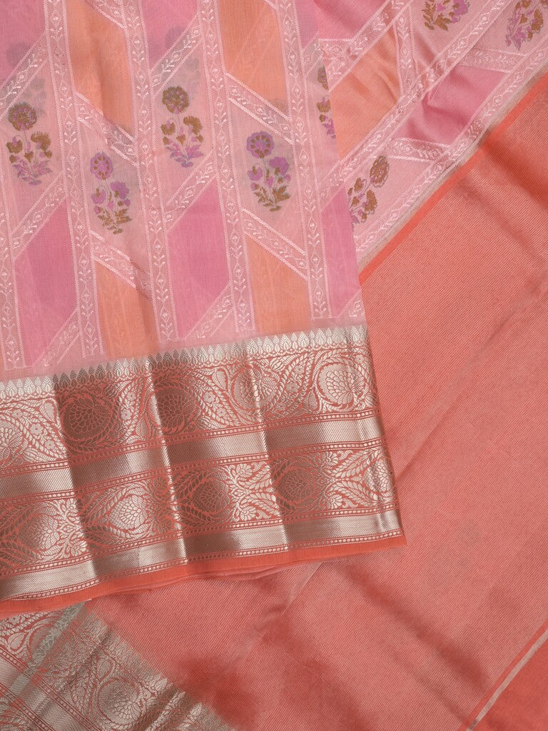 Chiniya pattu saree baby pink color allover zari weaves & kanchi border with contrast pallu and attached plain blouse