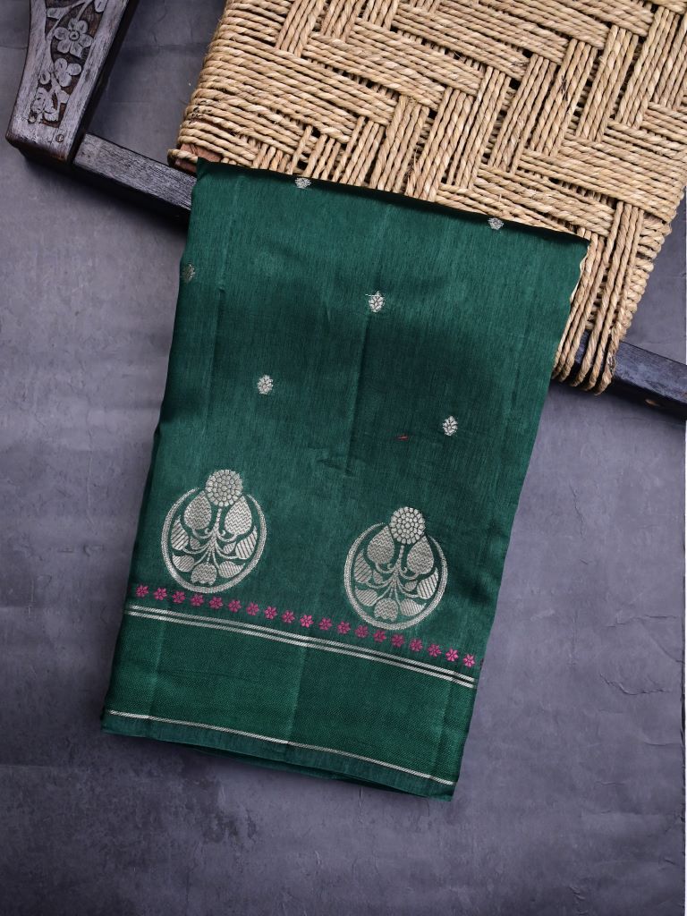 Raw mango silk fancy saree dark green color allover zari motifs & zari border with short pallu and contrast plain blouse