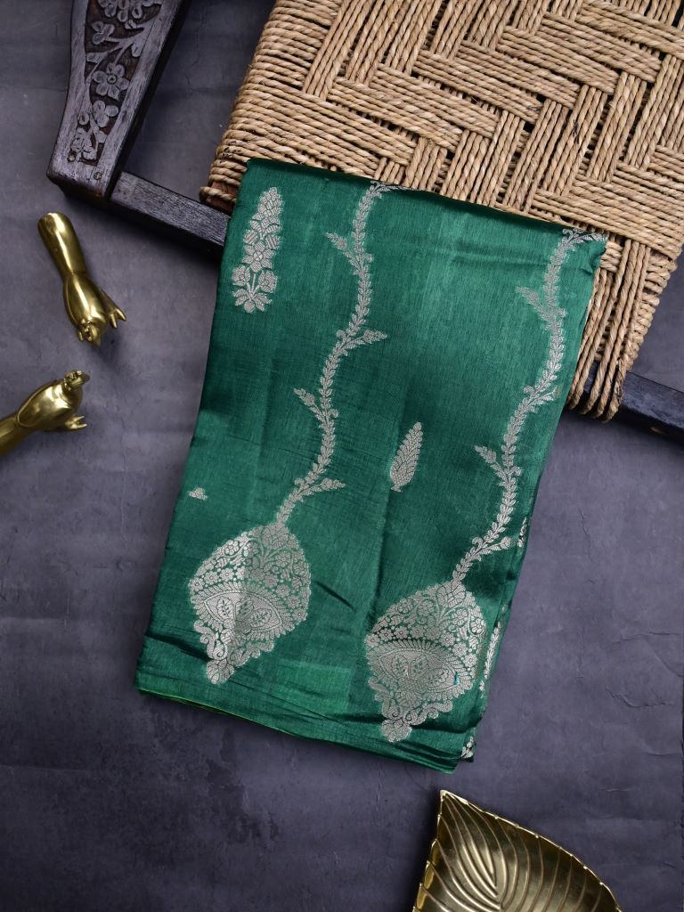 Raw mango silk fancy saree bottle green color allover zari weaves & small kaddi border with short pallu and contrast plain blouse