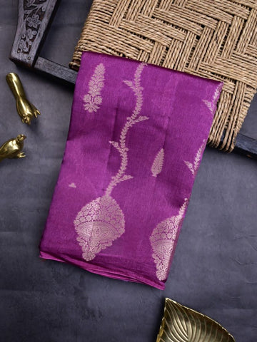 Raw mango silk fancy saree purple color allover zari weaves & small kaddi border with short pallu and contrast plain blouse