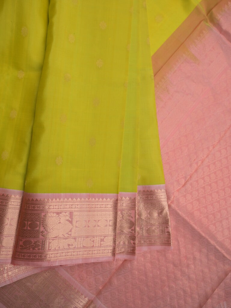 Pethambari pattu saree green color allover zari motifs & kanchi border with rich pallu and attached plain blouse