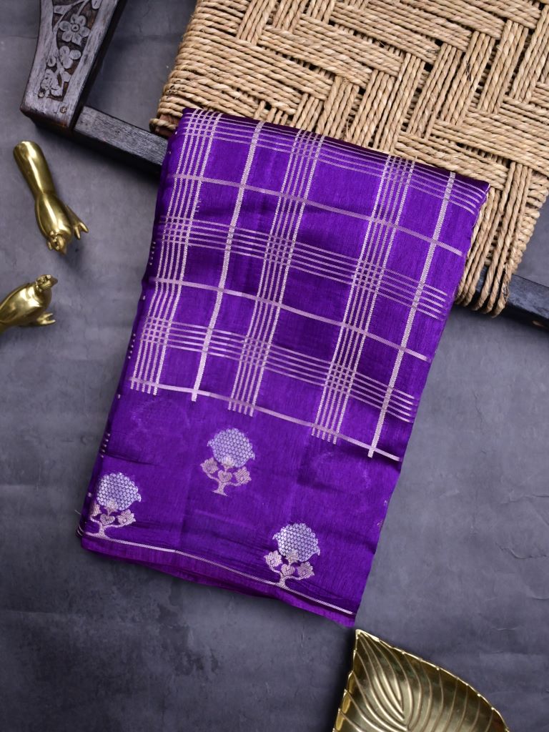 Raw mango silk fancy saree violet color allover zari checks & small kaddi border with short pallu and contrast plain blouse