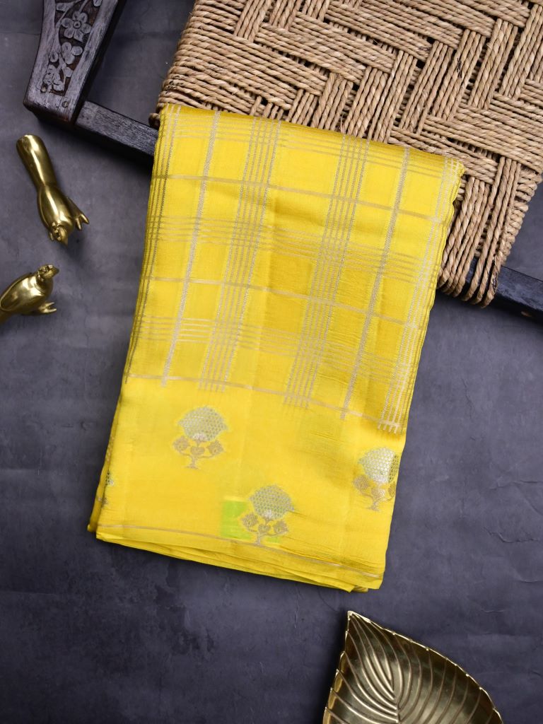 Raw mango silk fancy saree lemon yellow color allover zari checks & small kaddi border with short pallu and contrast plain blouse