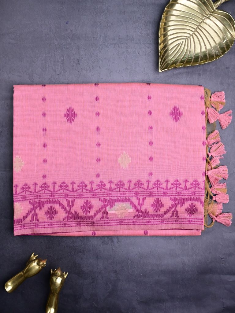 Khadi cotton saree baby pink color allover motifs & weaving border with contrast pallu and attached blouse