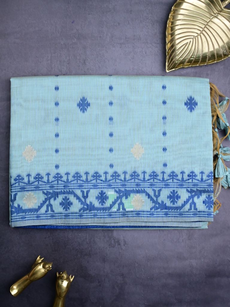 Khadi cotton saree light blue color allover motifs & weaving border with contrast pallu and attached blouse