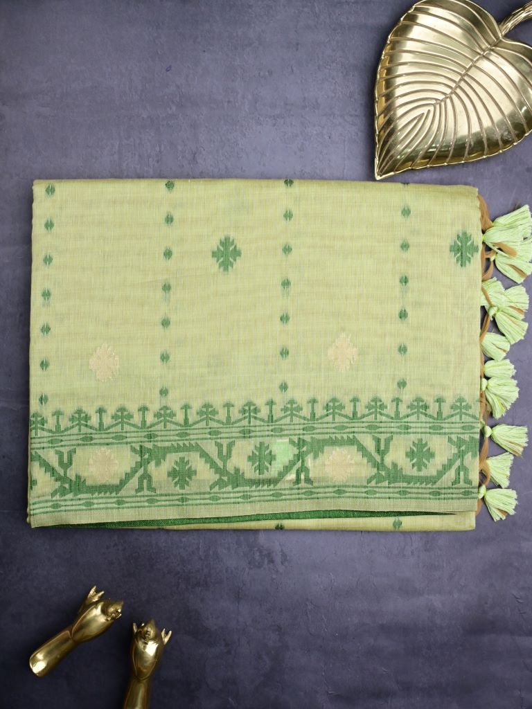 Khadi cotton saree light green color allover motifs & weaving border with contrast pallu and attached blouse