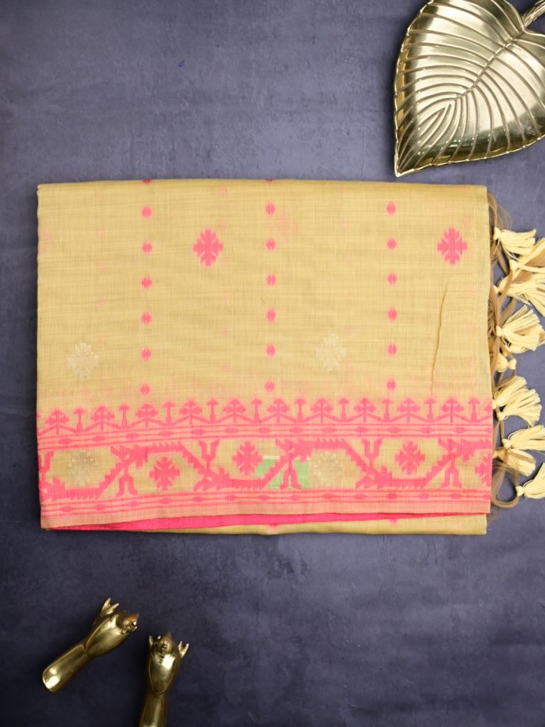 Khadi cotton saree cream color allover motifs & weaving border with contrast pallu and attached blouse