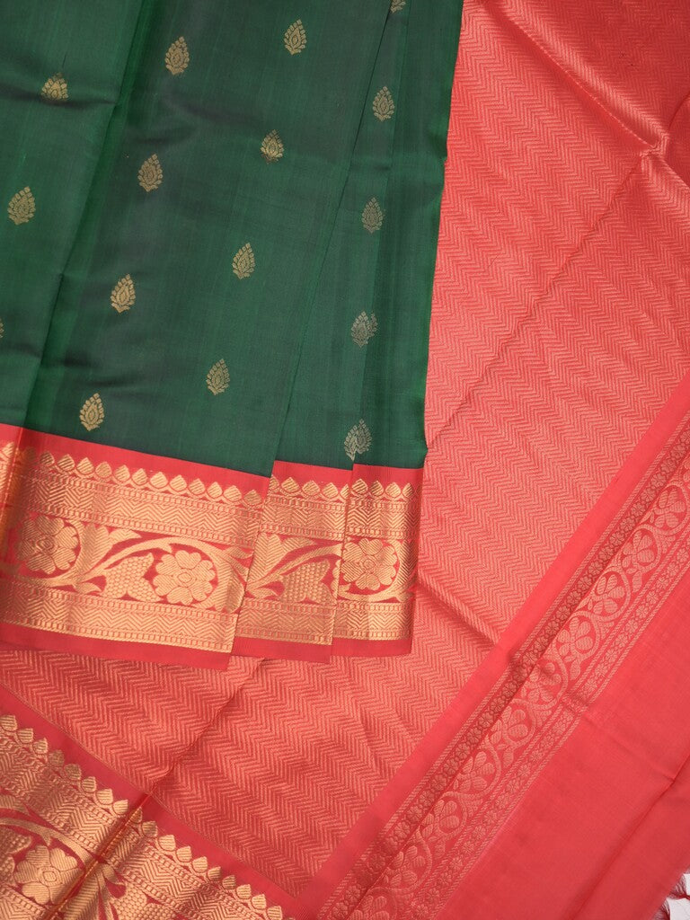 Pethambari pattu saree bottle green color allover zari motifs & kanchi border with rich pallu and attached plain blouse