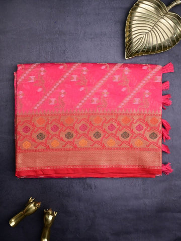 Chiniya silk fancy saree rose pink color allover zari weaves & zari border with rich pallu and contrast attached blouse