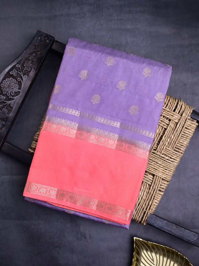 Banaras fancy saree light purple color allover zari motifs & kaddi border with conrast brocade pallu and brocade blouse