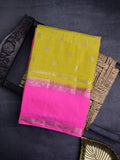 Banaras fancy saree golden yellow color allover zari motifs & kaddi border with conrast brocade pallu and brocade blouse