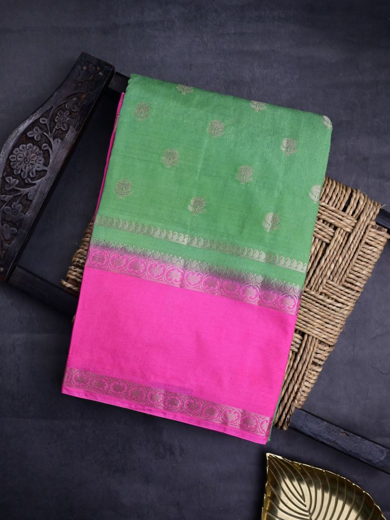 Banaras fancy saree leaf green color allover zari motifs & kaddi border with conrast brocade pallu and brocade blouse