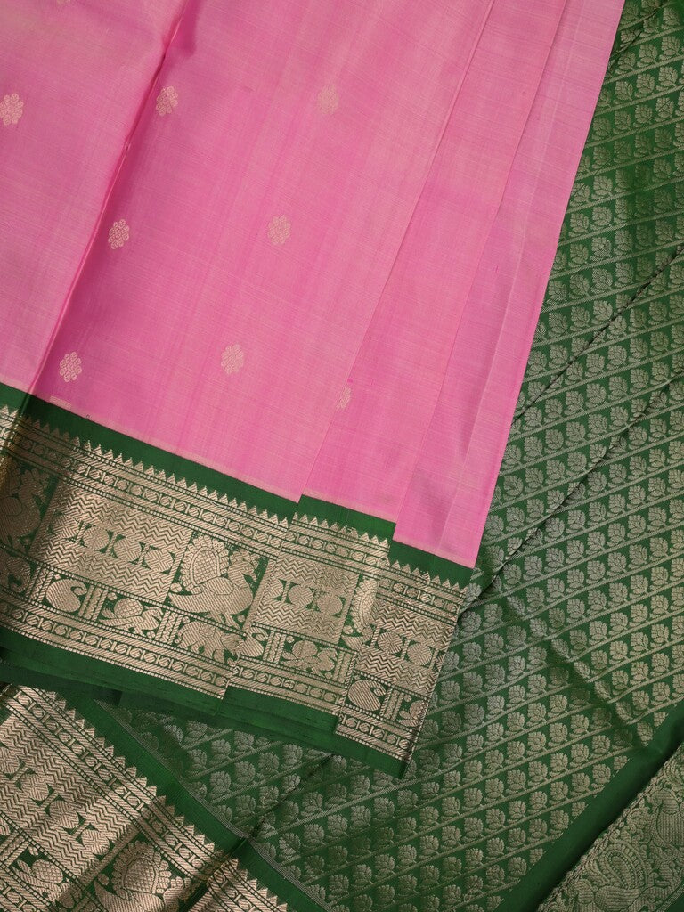 Pethambari pattu saree light pink color allover zari motifs & kanchi border with rich pallu and attached plain blouse