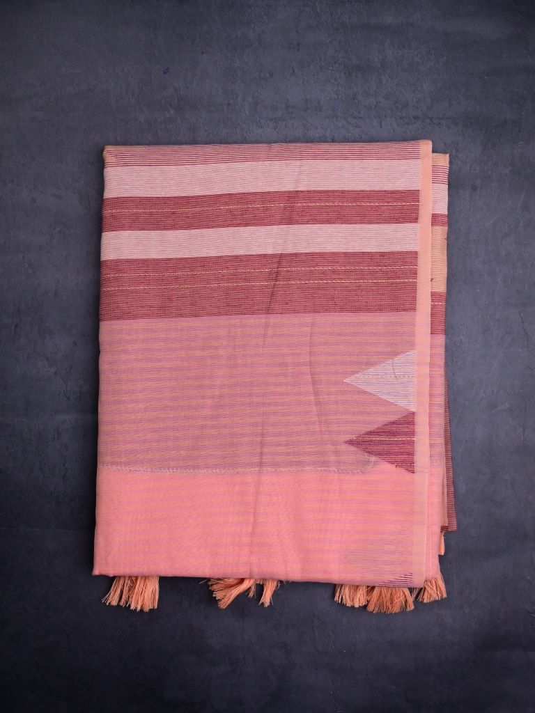 Chanderi fancy saree coral pink color allover plain & temple border with weaving pallu and plain blouse