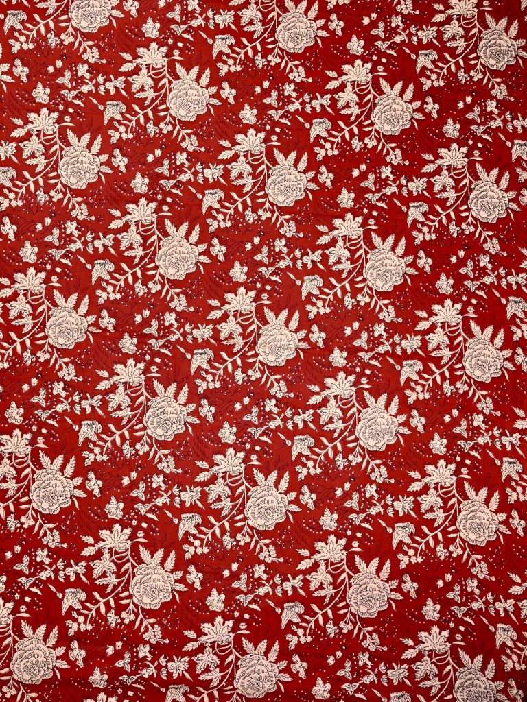 Cotton Printed Fabric white color with red floral design