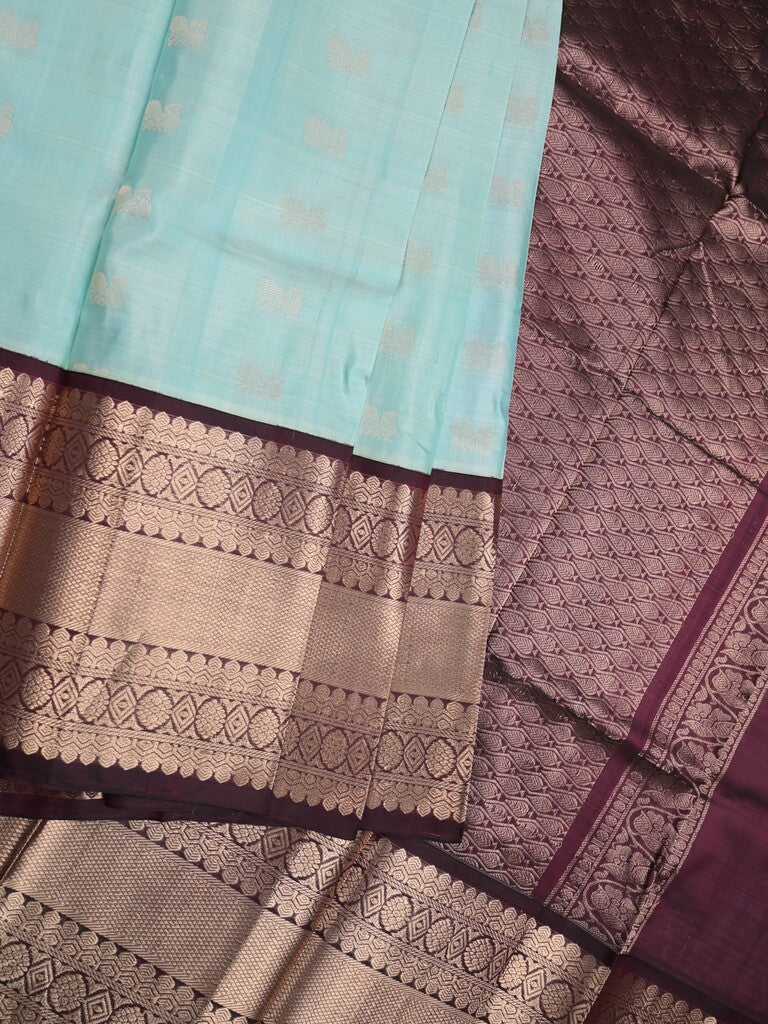 Pethambari pattu saree light blue color allover zari motifs & kanchi border with rich pallu and attached plain blouse